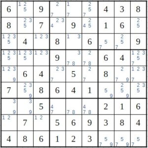 Example of a Sudoku puzzle with all the possible candidates.